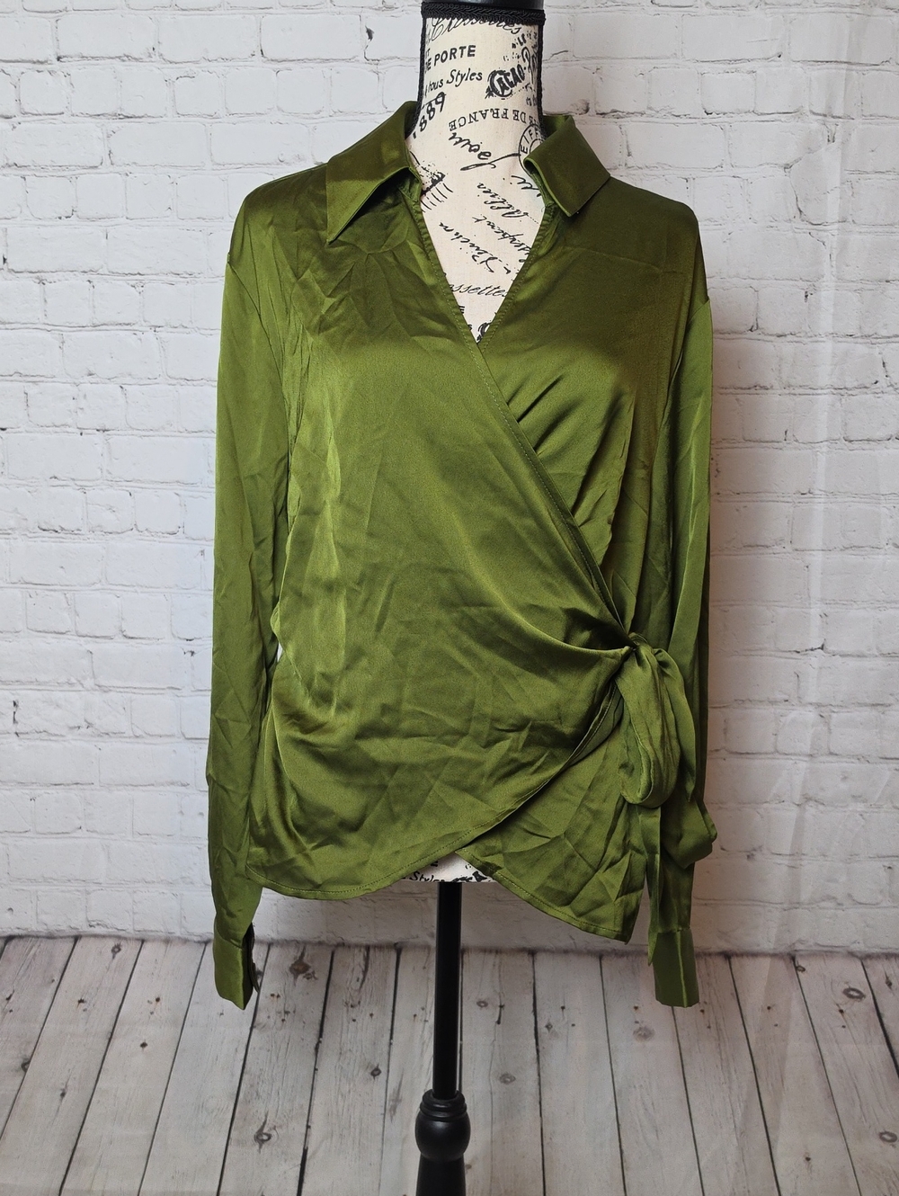 Eloquii Olive Green Satin Wrap Blouse